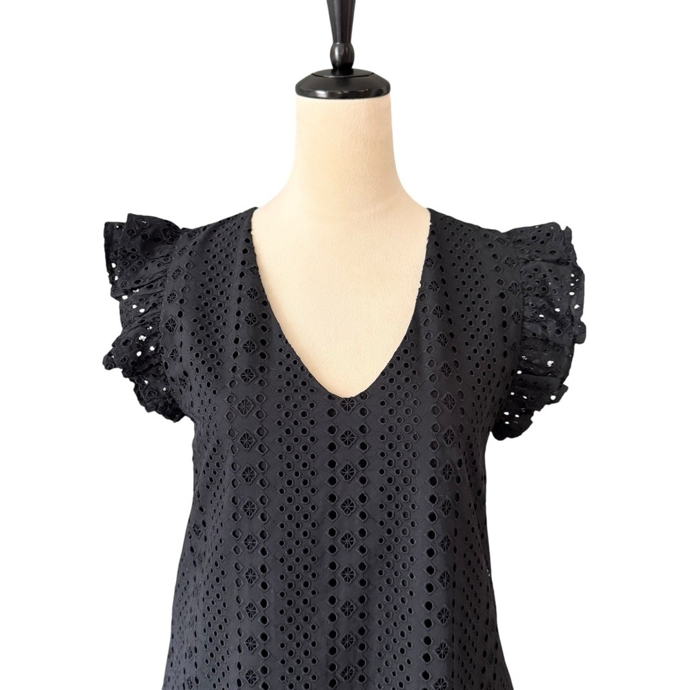 NWT Evereve Tinsley Black Eyelet Ruffle Sleeve Mini Dress LBD Size XS (US 2) - Picture 3 of 14